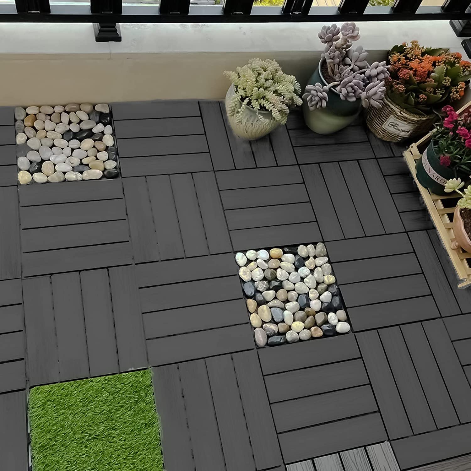 Plantex Tiles for Floor-Interlocking Heavy Plastic Tiles/Garden Tile/Quick Flooring Solution for Indoor/Outdoor Deck Tile-Pack of 6 (Dark Grey,APS-1211)