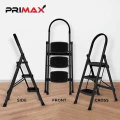 Primax Steel Foldable 3-Step Ladder for Home - Wide Anti Skid Step Ladder (Black)