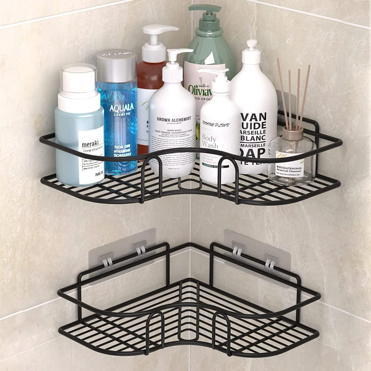 Plantex Bathroom Corner Self Adhesive Shelf/Rack/Storage Organizer - Bathroom Accessories (Pack of 2) (Metal,Black)