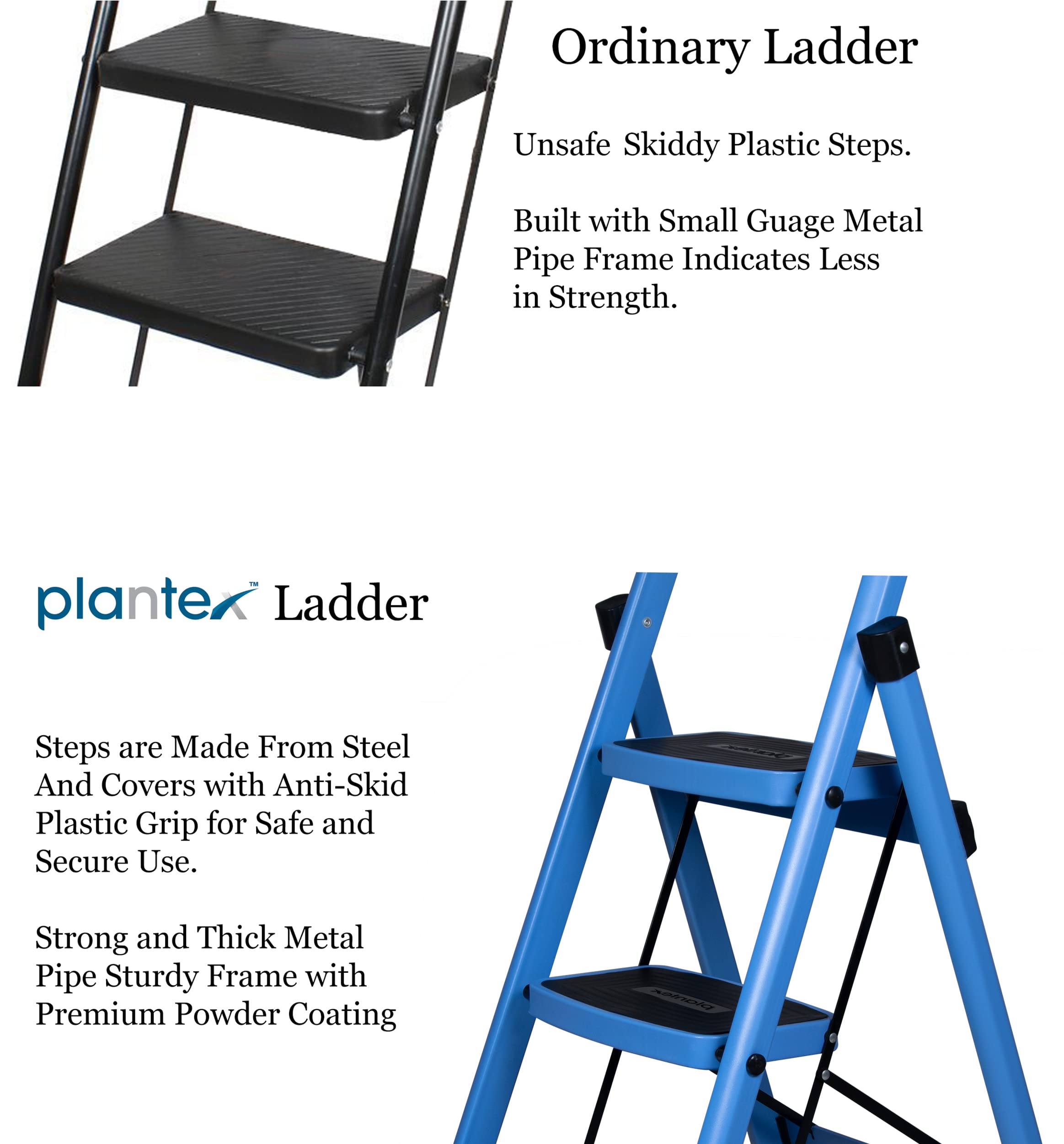 Plantex Ladder for Home-Foldable Steel 3 Step Ladder-Wide Anti Skid Steps (Blue & Black)