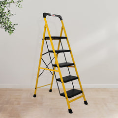 Primax Heavy-Duty GI-Steel Ladder Safety-Clutch Lock and Tool Tray/Step Ladder for Home - 5 Step (Squaro-Black&Yellow)