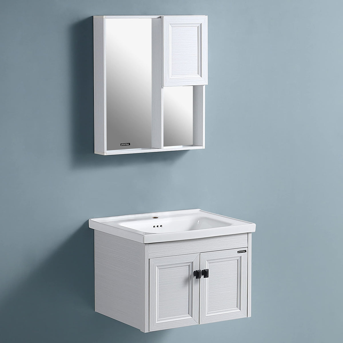 Plantex Aluminum Bathroom Vanity Cabinet Set/Glass Mirror Cabinet/Ceramic Basin for Bathroom - Pack of 1 (APS-1066A-60-White)
