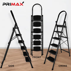 Primax Steel Foldable 6-Step Ladder for Home - Wide Anti Skid Step Ladder (Black)