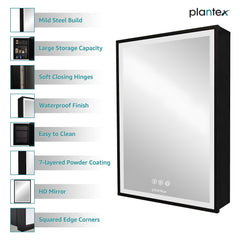 Plantex LED Mirror Cabinet for Bathroom with Defogger and Bluetooth/Bathroom Storage Organizer/Shelf/Bathroom Accessories - 20x28 Inch, Black