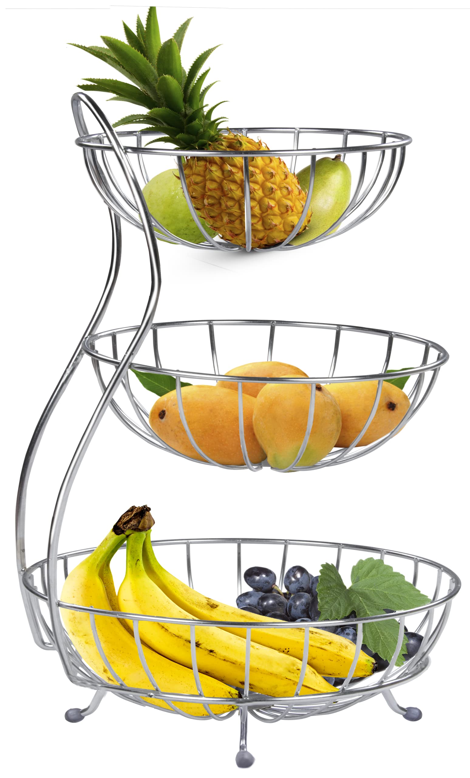 Plantex Stainless Steel 3-Tier Fruit & Vegetable Basket for Dining Table/Kitchen - Countertop (Chrome)