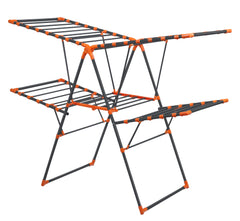 Plantex GI Steel Dual Tier Foldable Cloth Drying Stand/Cloth Rack/Clothes Hanger Stand for Home/Movable Cloths Rack – (Gray & Orange)