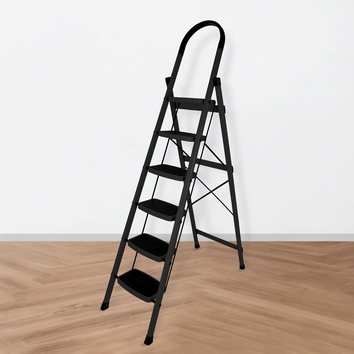 Primax Steel Foldable 6-Step Ladder for Home - Wide Anti Skid Step Ladder (Black)