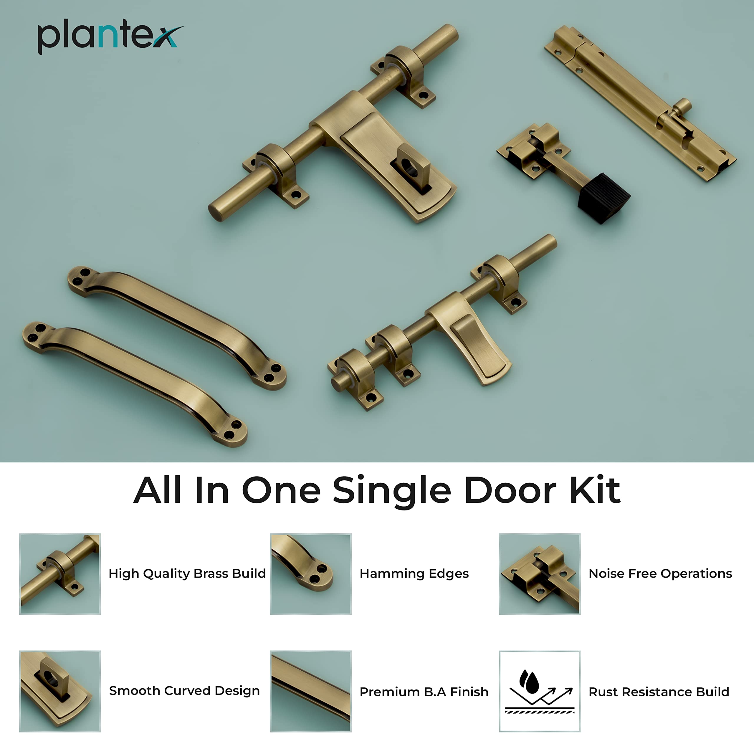 Plantex Stainless Steel Door Kit for Single Door/Door Hardware/Door Accessories (10 inch Al-Drop,8 inch Latch, 7 inch 2 Handles,7 inch Tower Bolt and 4 inch Door Stopper) - (DMAL-02-Brass Antique)