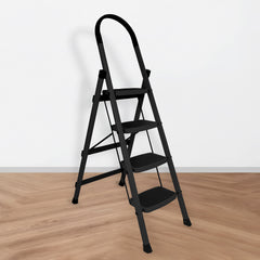 Primax Steel Foldable 4-Step Ladder for Home - Wide Anti Skid Step Ladder (Black)