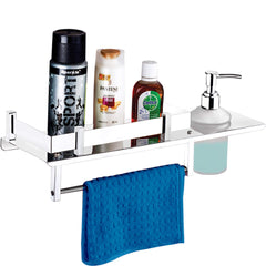 Plantex Stainless Steel 3in1 Multipurpose Bathroom Rack/Shelf with soap Dispenser and Towel Holder - Bathroom Accessories (15x6 Inches) , Silver , Set of 1