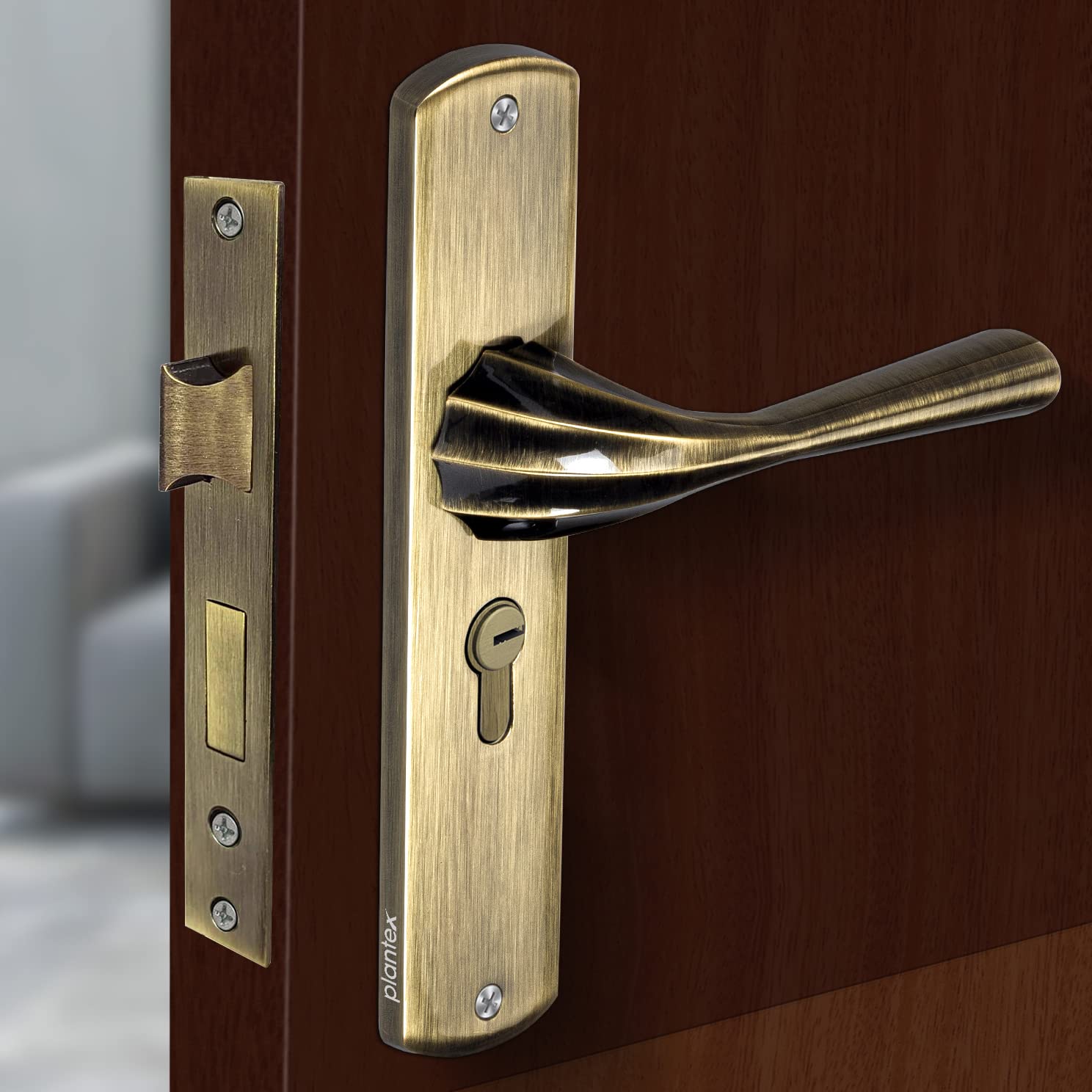 Plantex Premium Heavy Duty Mortise Door Lock with Door Handle Lock Set Body for Home Main Door with Pull/Push Handle for Bedroom/ Office/ Hotel/ Bathroom with 3 Keys (Brass Antique)
