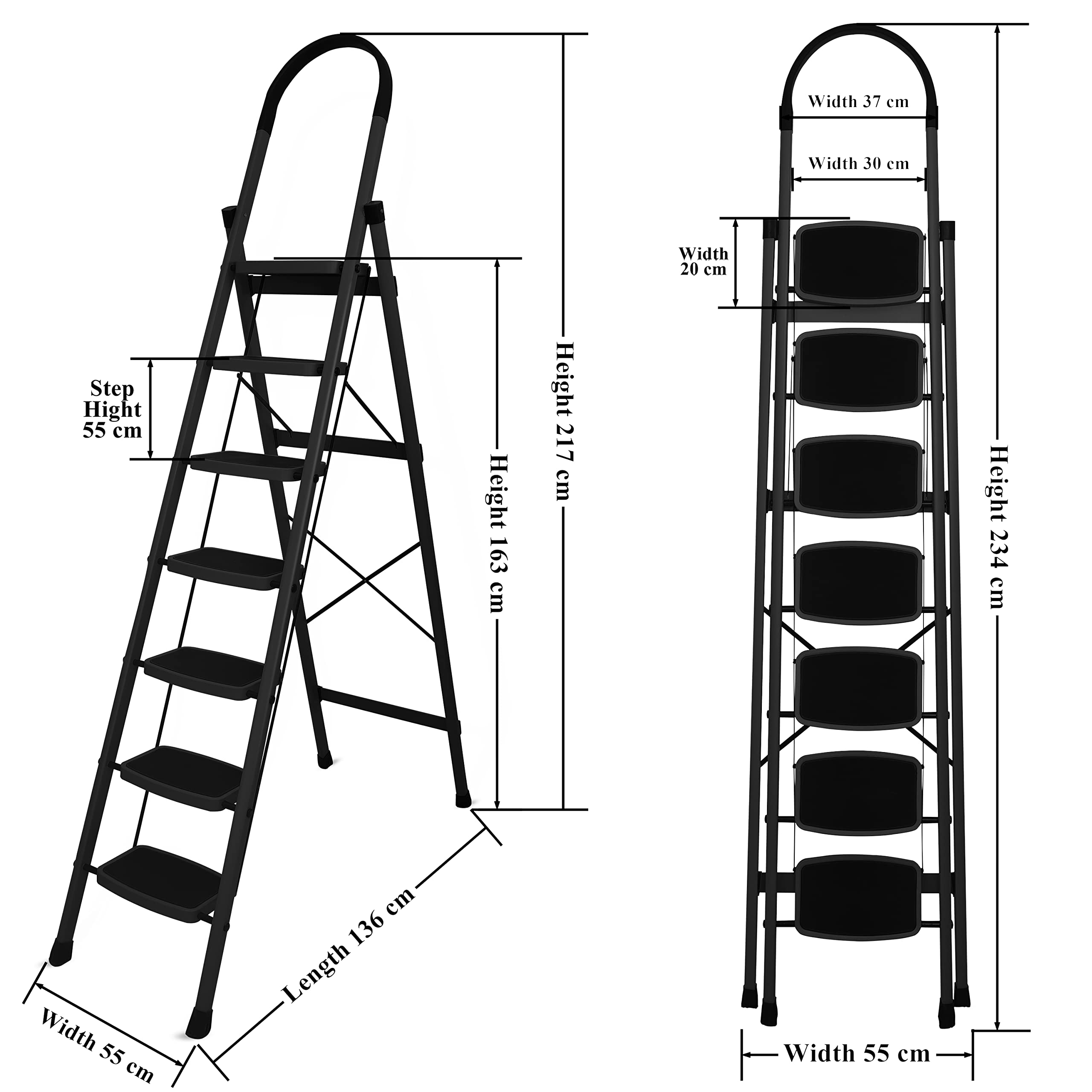 Primax Steel Foldable 7-Step Ladder for Home - Wide Anti Skid Step Ladder (Black)