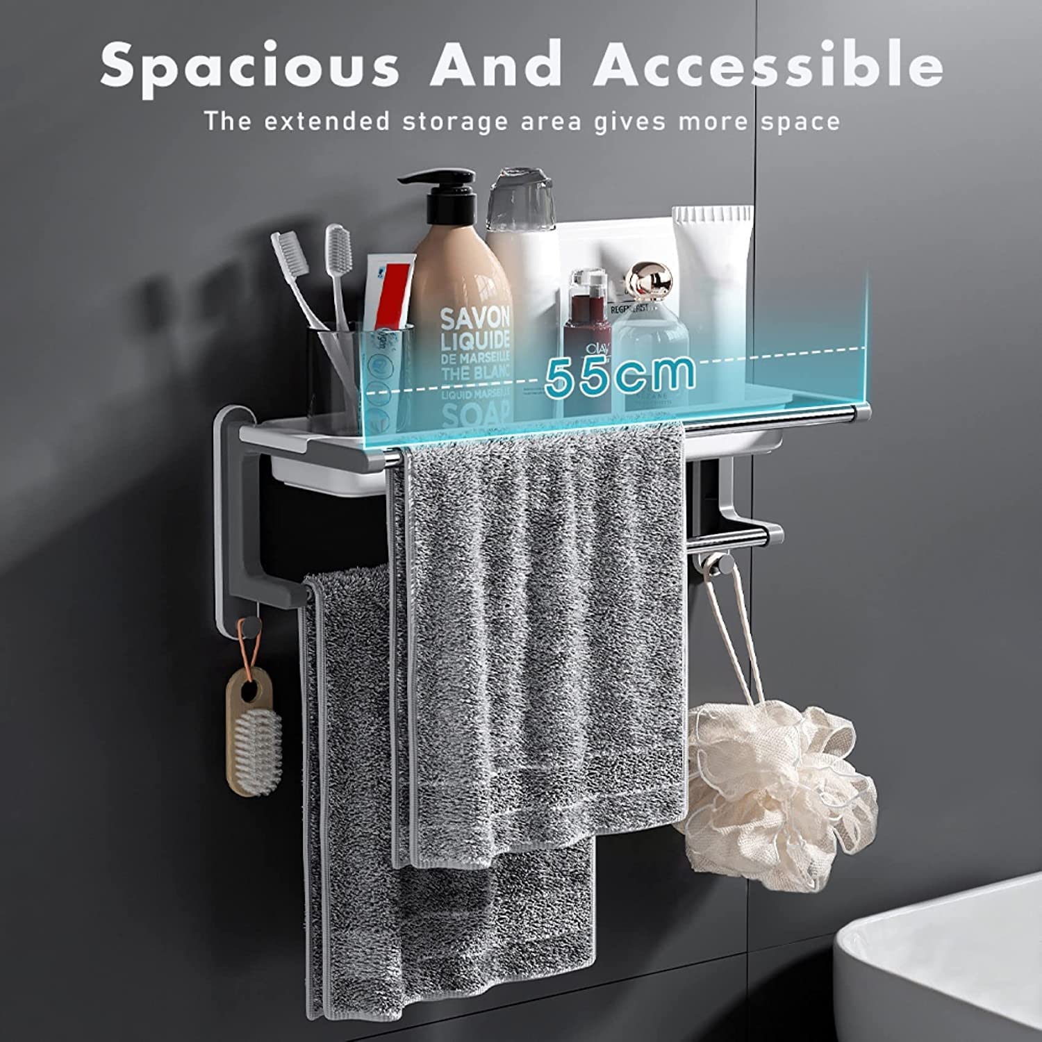 Primax Bathroom Accessories-Bathroom Shelf/Towel Rack/Multipurpose Self-Adhesive Wall-Mount Shelf with Towel Hanger/Bathroom Organizer - White (Pack of 1)