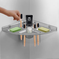 Plantex Unbreakable Abs Plastic Multipurpose Bathroom Corner Shelf/Organizer/Tumbler Holder with Double Soap Dish/Soap Holder/Tooth Brushes Holder (Transparent)