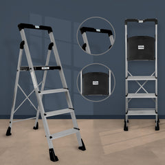 Plantex Thor Aluminium Step Folding Ladder 4 Step for Home with Advanced Locking System - 4 Step Ladder (Silver & Black)