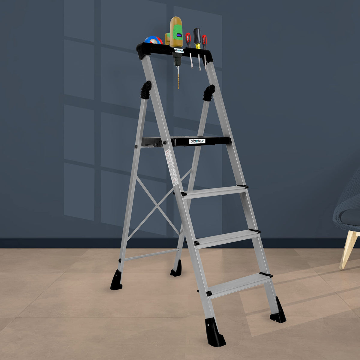 Plantex Thor Aluminium Step Folding Ladder 4 Step for Home with Advanced Locking System - 4 Step Ladder (Silver & Black)