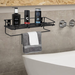 Plantex GI Steel Multipurpose Bathroom Shelf/Rack/Towel Holder/Bathroom Accessories - Wall Mount (Black)