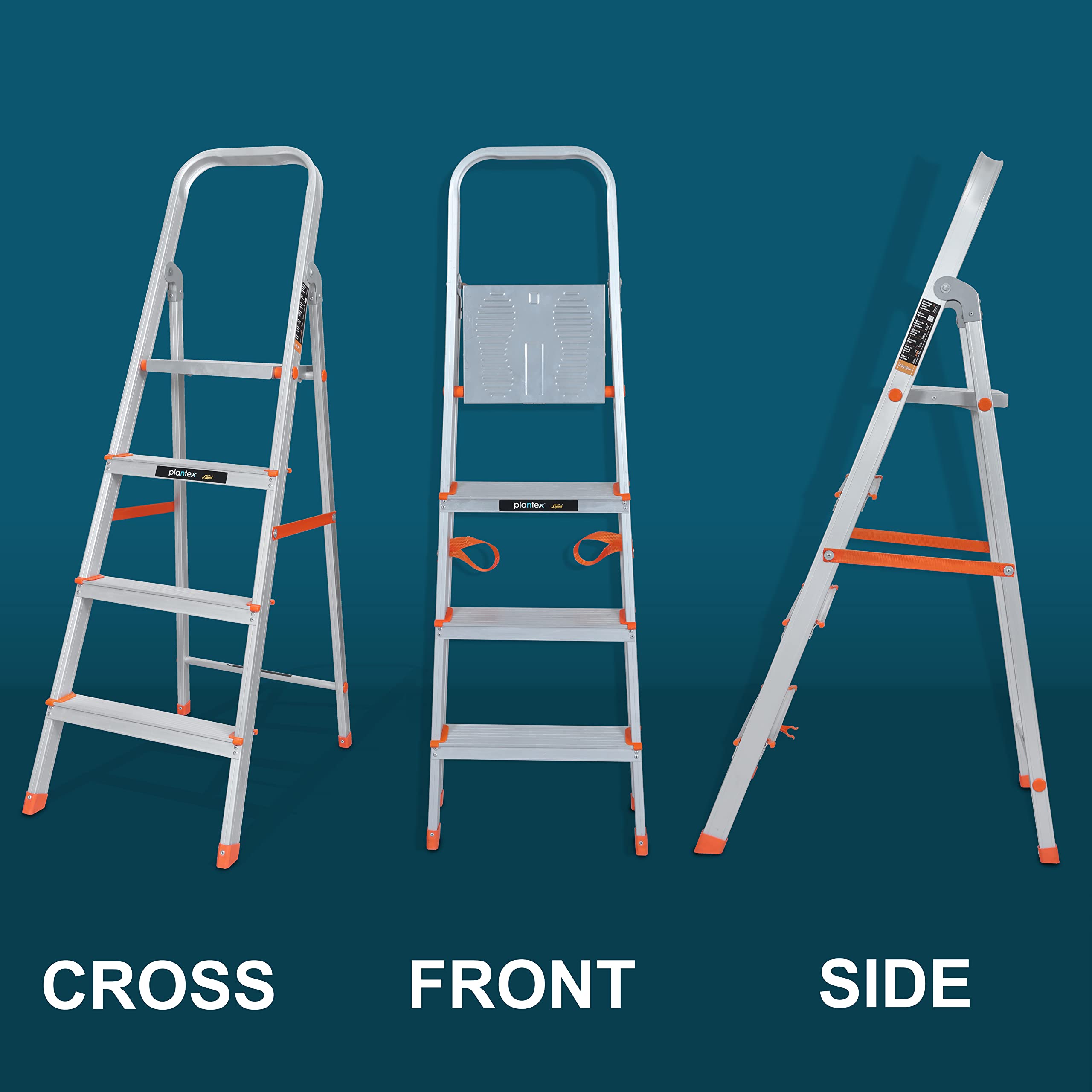 Plantex Legend Aluminium Folding 4 Step Ladder for Home - 4 Wide Step Ladder (Orange-Silver)