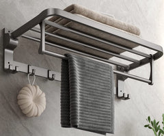 Plantex Aluminium Folding Towel Rack with Swivel Towel Rod/Towel Bar for Bathroom/Towel Hanger with Hooks/Bathroom Accessories (962, Black)