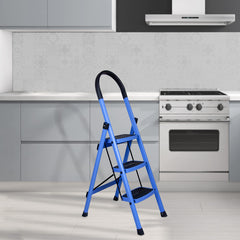 Plantex Premium Steel Foldable 3-Step Ladder for Home - Wide Anti Skid Step Ladder (Blue & Black)