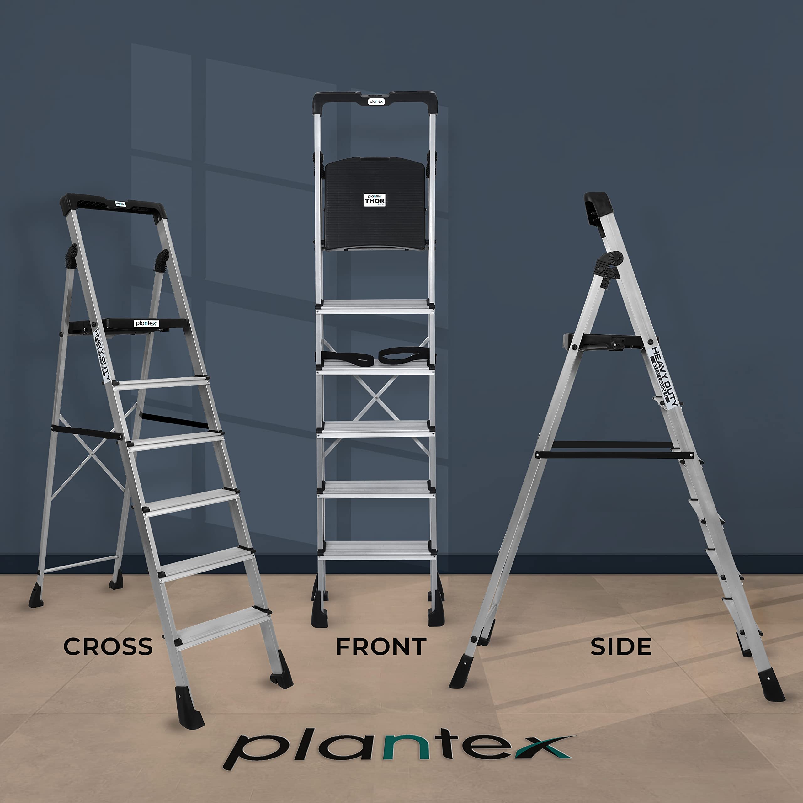 Plantex Thor Aluminium Step Folding Ladder 6 Step for Home with Advanced Locking System - 6 Step Ladder (Silver & Black)