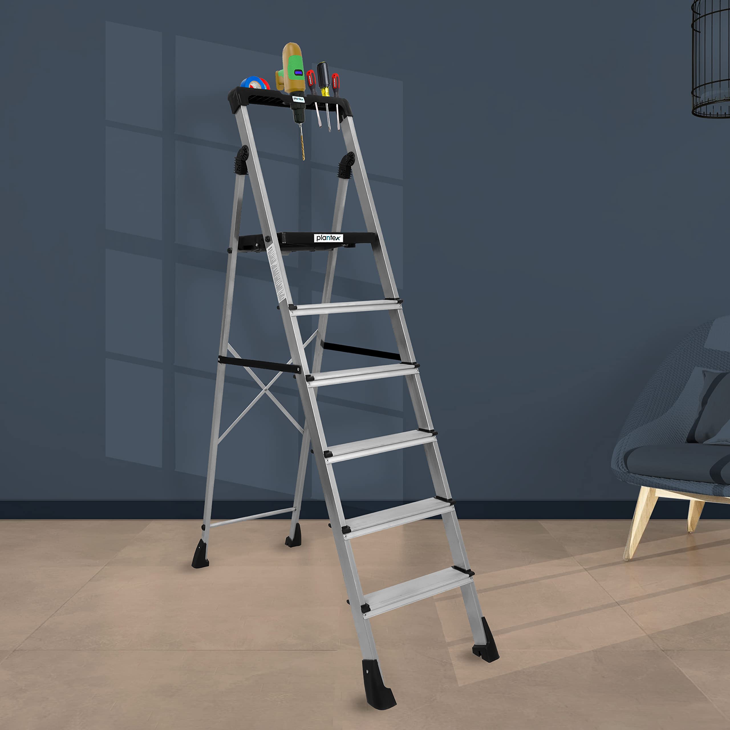 Plantex Thor Aluminium Step Folding Ladder 6 Step for Home with Advanced Locking System - 6 Step Ladder (Silver & Black)
