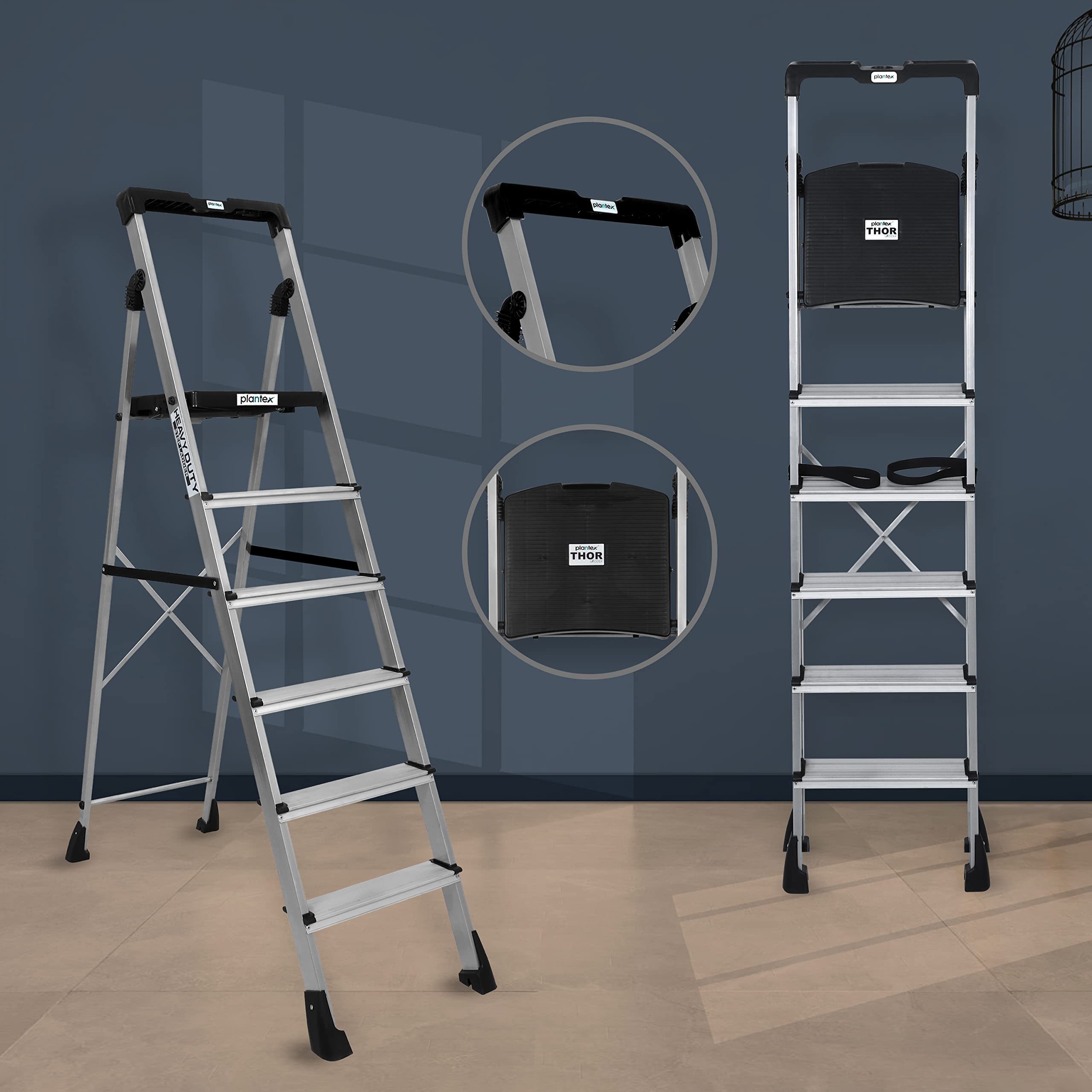 Plantex Thor Aluminium Step Folding Ladder 6 Step for Home with Advanced Locking System - Anti Slip 6 Step Ladder (Silver & Black)