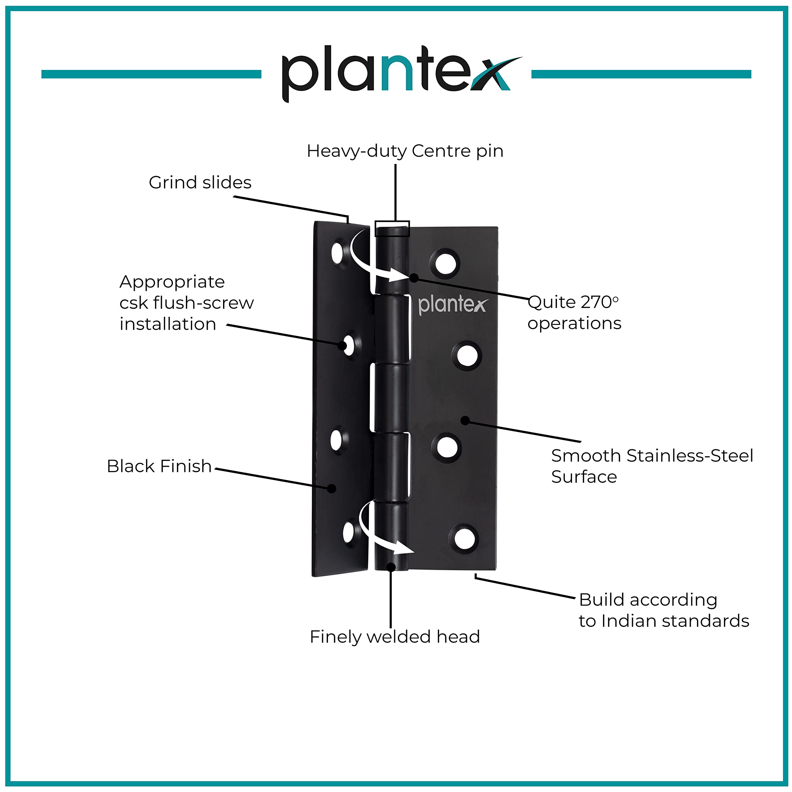 Plantex Heavy Duty Stainless Steel Door Butt Hinges 4 inch x 14 Gauge/2 mm Thickness Home/Office/Hotel for Main Door/Bedroom/Kitchen/Bathroom - Pack of 3 (Black)