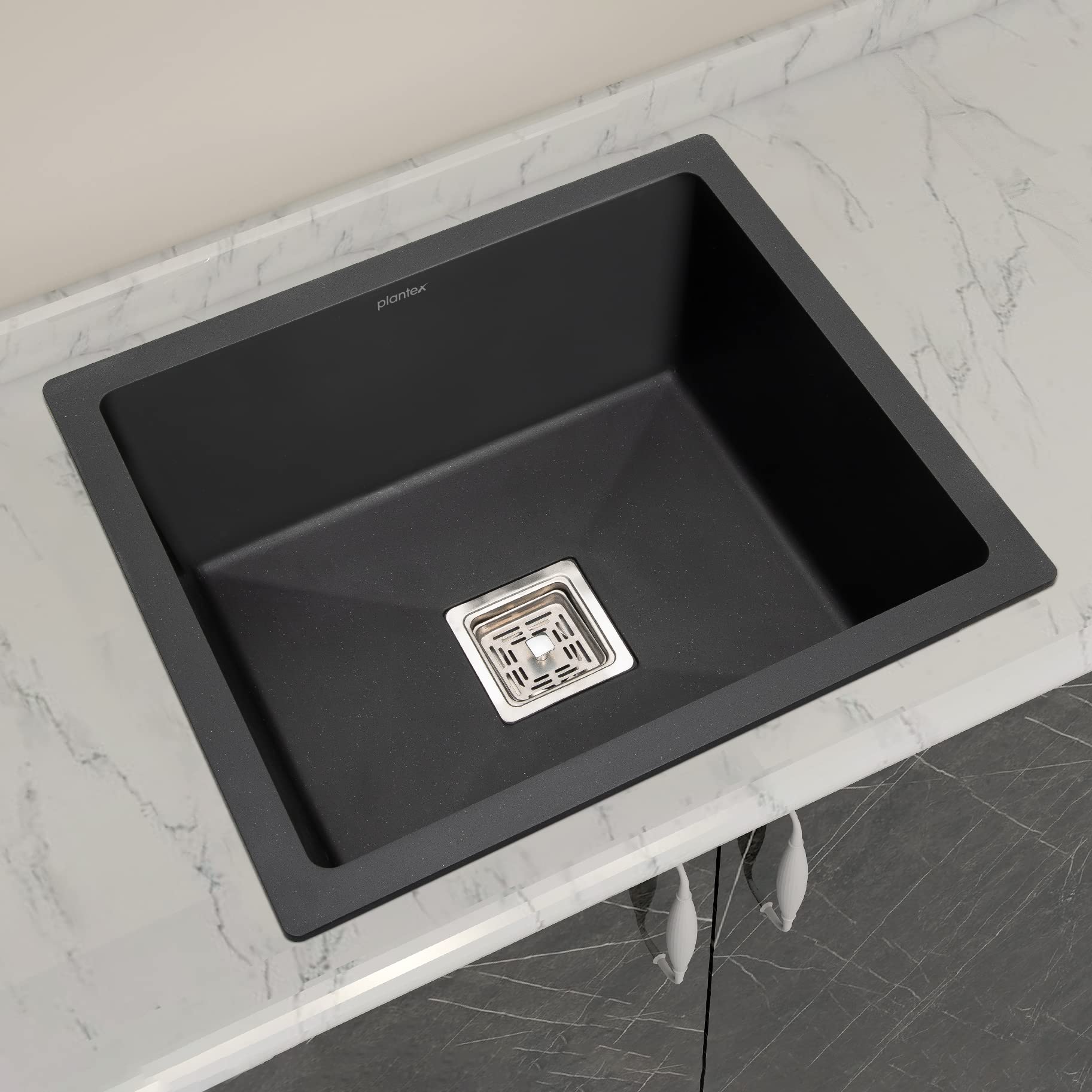 Plantex Granite Quartz Single Bowl Kitchen Sink with Hose Pipe and Square Coupling-Flush Mount/Under Mount/Top Mount –(APS-2024-Z-Black-21 x 18 inches)