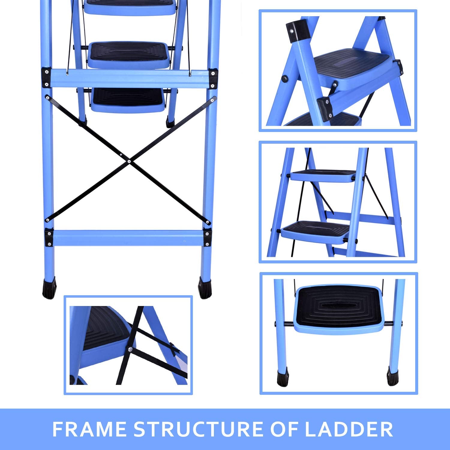 Plantex Ladder for Home-Foldable Steel 4 Step Ladder-Wide Anti Skid Steps (Blue & Black)