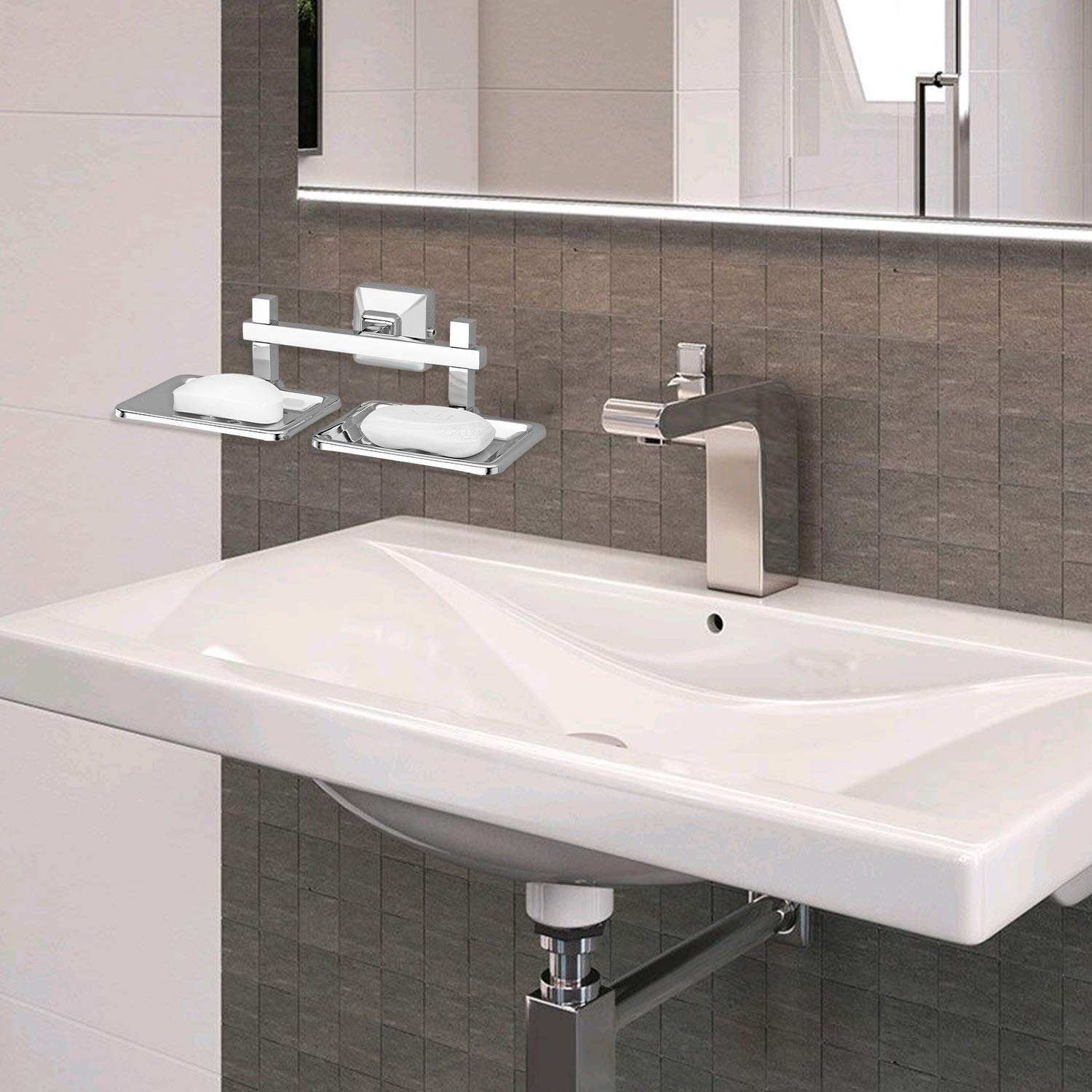 Plantex Stainless Steel 304 Grade Squaro Soap Holder for Bathroom/Double Soap Dish(Chrome) - Pack of 2