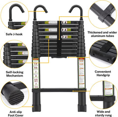 Plantex Heavy-Duty Black Aluminum Extension Telescopic Ladder with Hooks/Portable and Compact Foldable Ladder-EN131 Certified (3.8Meter/12.5 Feet)