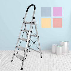 Plantex Premium Folding Aluminium Ladder for Home Use/Wide Anti Skid Step Ladder/Strong Wide Steps Ladder (Anodize-Silver - 5 Step)
