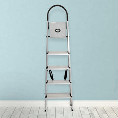 Plantex Wonder 5 Step Folding Ladder for Home with Advanced Locking System - (Silver & Black, Aluminium)