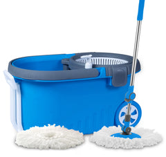 Plantex Premium ABS Plastic Mop with Bucket for Floor Cleaning Including 2 Microfiber Refills and Soap Dispenser – Mopping System with Wheels (Blue & Grey)