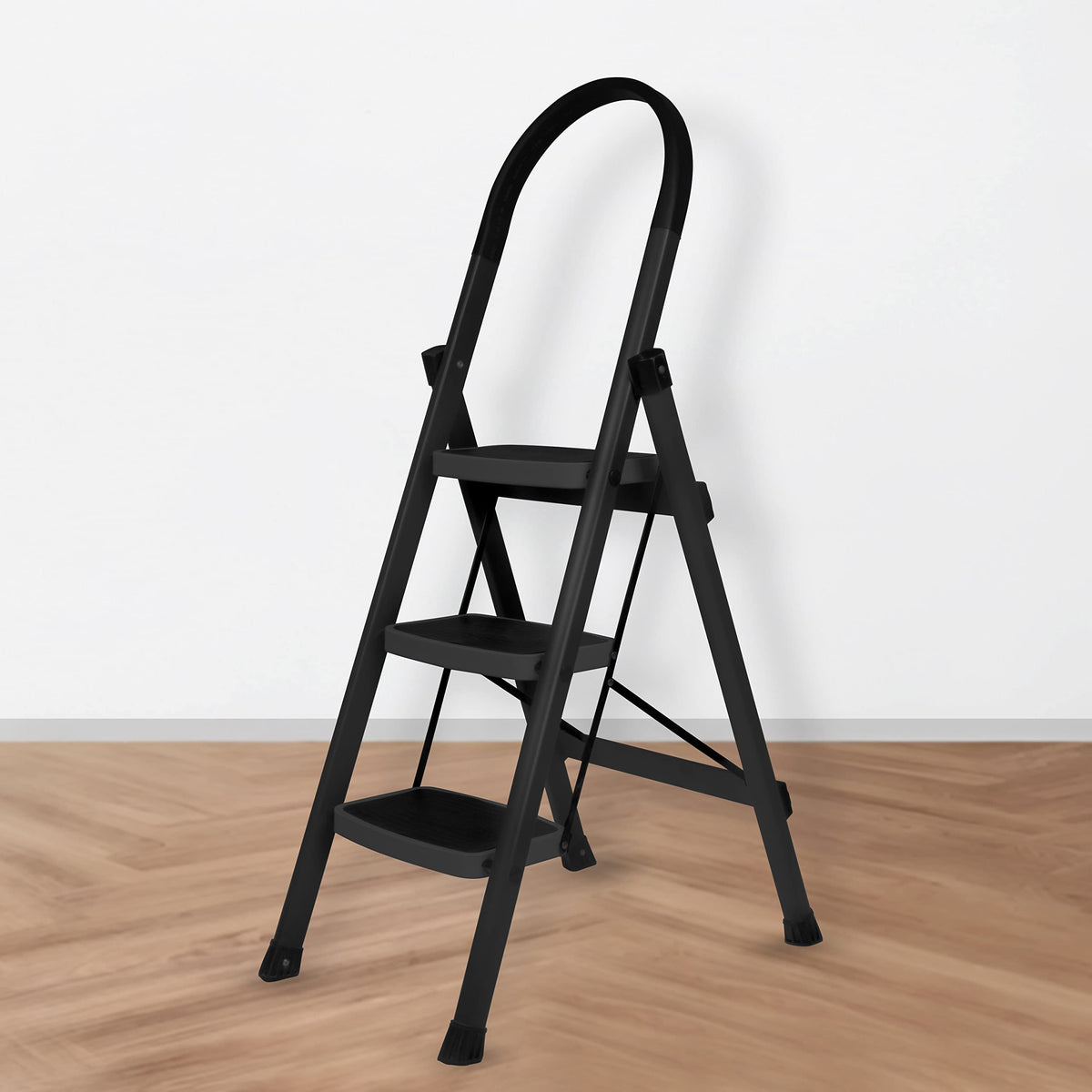 Primax Steel Foldable 3-Step Ladder for Home - Wide Anti Skid Step Ladder (Black)