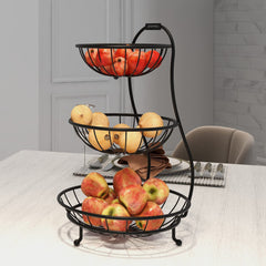Plantex Elegant High Grade Steel 3-Tier Fruit & Vegetable Basket for Dining Table/Kitchen-Big Size(Black),Solid