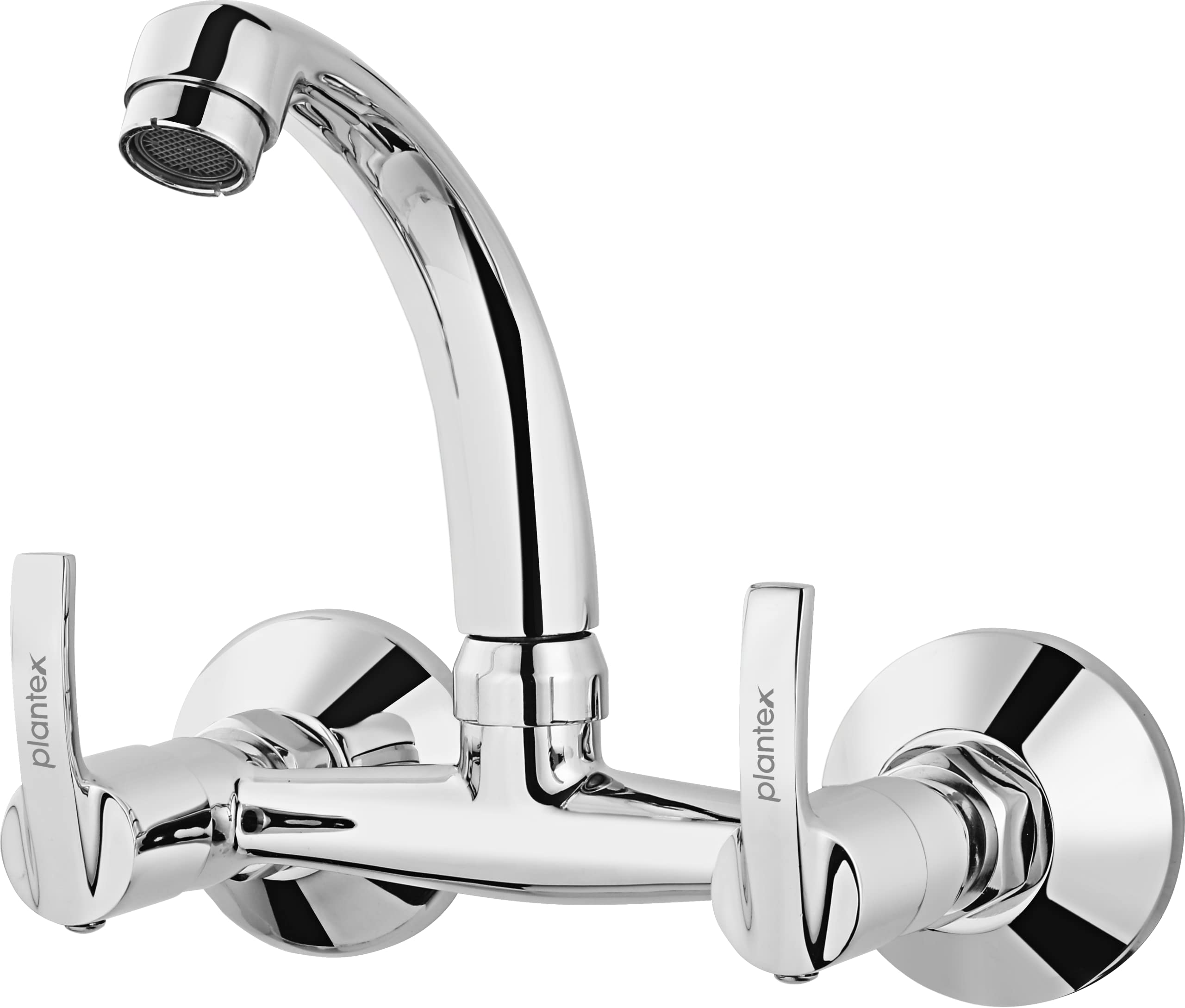 Plantex AQ-1414 Pure Brass Sink Mixer with (High Arch 360 Degree) Swivel Spout Double Handle Hot and Cold Water Tap for Bathroom/Basin Faucet Tap/Kitchen Sink With Brass Wall Flange & Teflon Tape (Mirror-Chrome Finish)