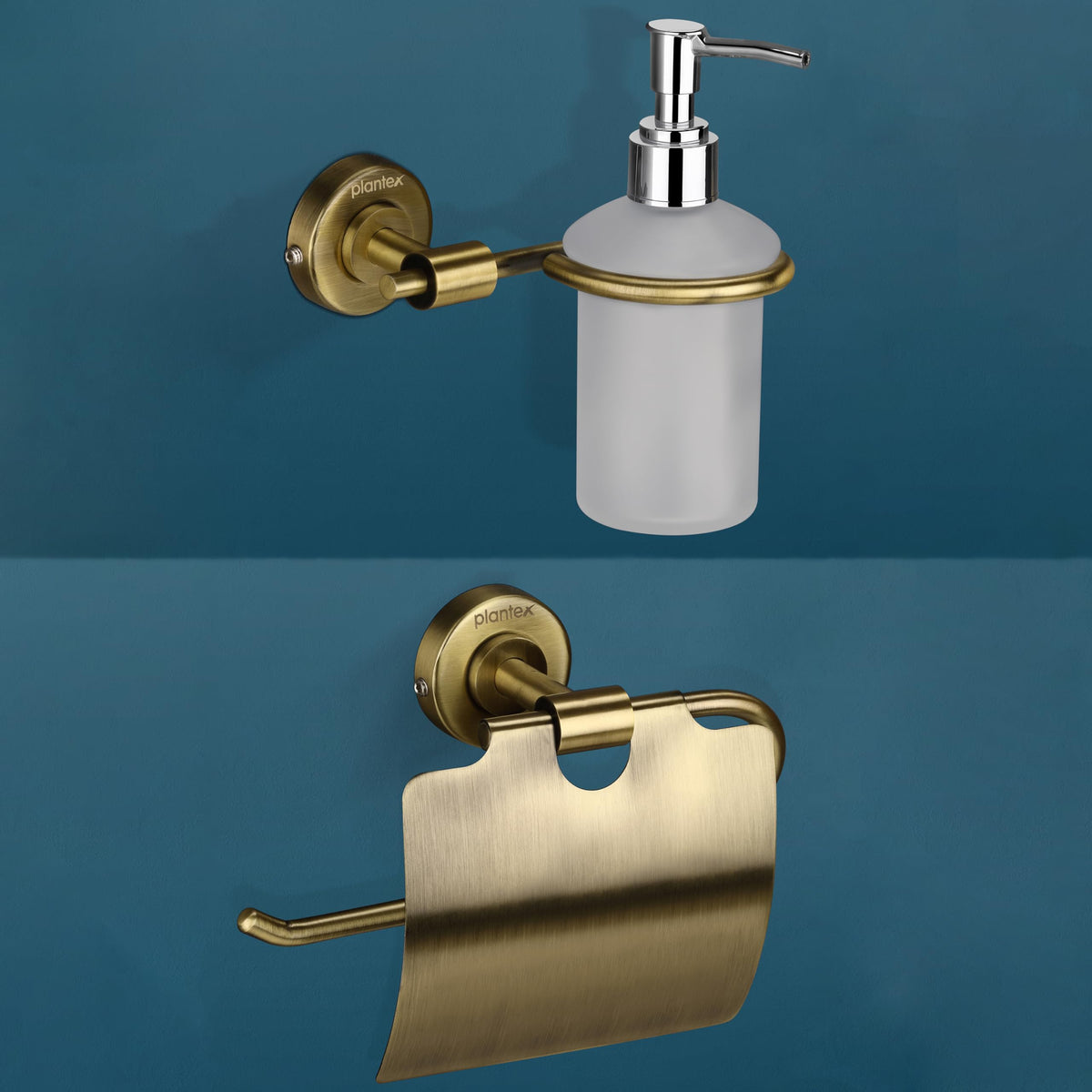 Plantex 304 Grade Stainless Steel Washroom Set of 2 - Toilet Paper Holder/Stand/Liquid Soap Dispenser - Daizy (Brass Antique)