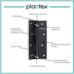 Plantex Heavy Duty Stainless Steel Door Butt Hinges 5 inch x 12 Gauge/2.5 mm Thickness Home/Office/Hotel for Main Door/Bedroom/Kitchen/Bathroom - Pack of 6 (Black)