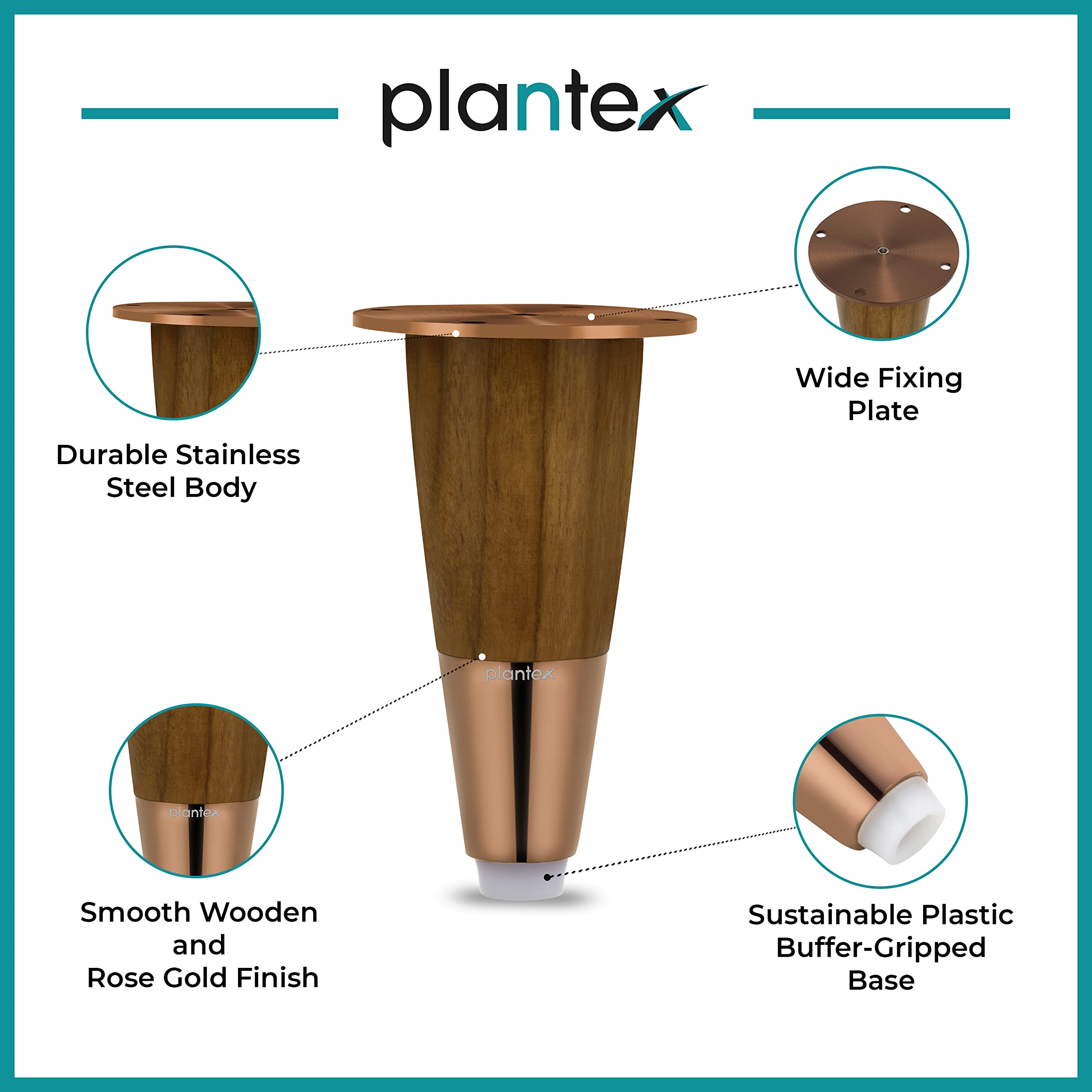 Plantex Stainless Steel and Wood 4 inch Sofa Leg/Bed Furniture Leg Pair for Home Furnitures (DTS-55-PVD Rose Gold) – 8 Pcs