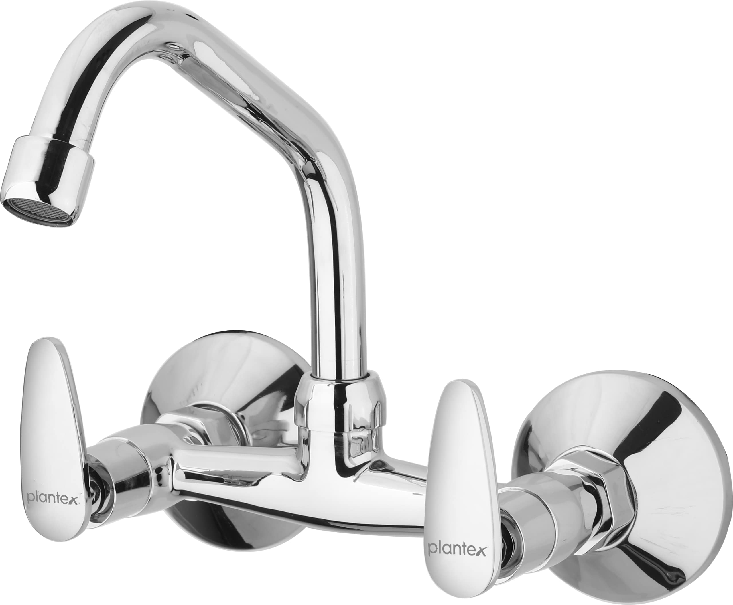 Plantex LEA-714 Pure Brass Kitchen Sink Mixer (High Arch 360 Degree)/ Double Handle Hot & Cold Water Tap for Bathroom with Brass Wall Flange & Teflon Tape (Mirror-Chrome Finish)