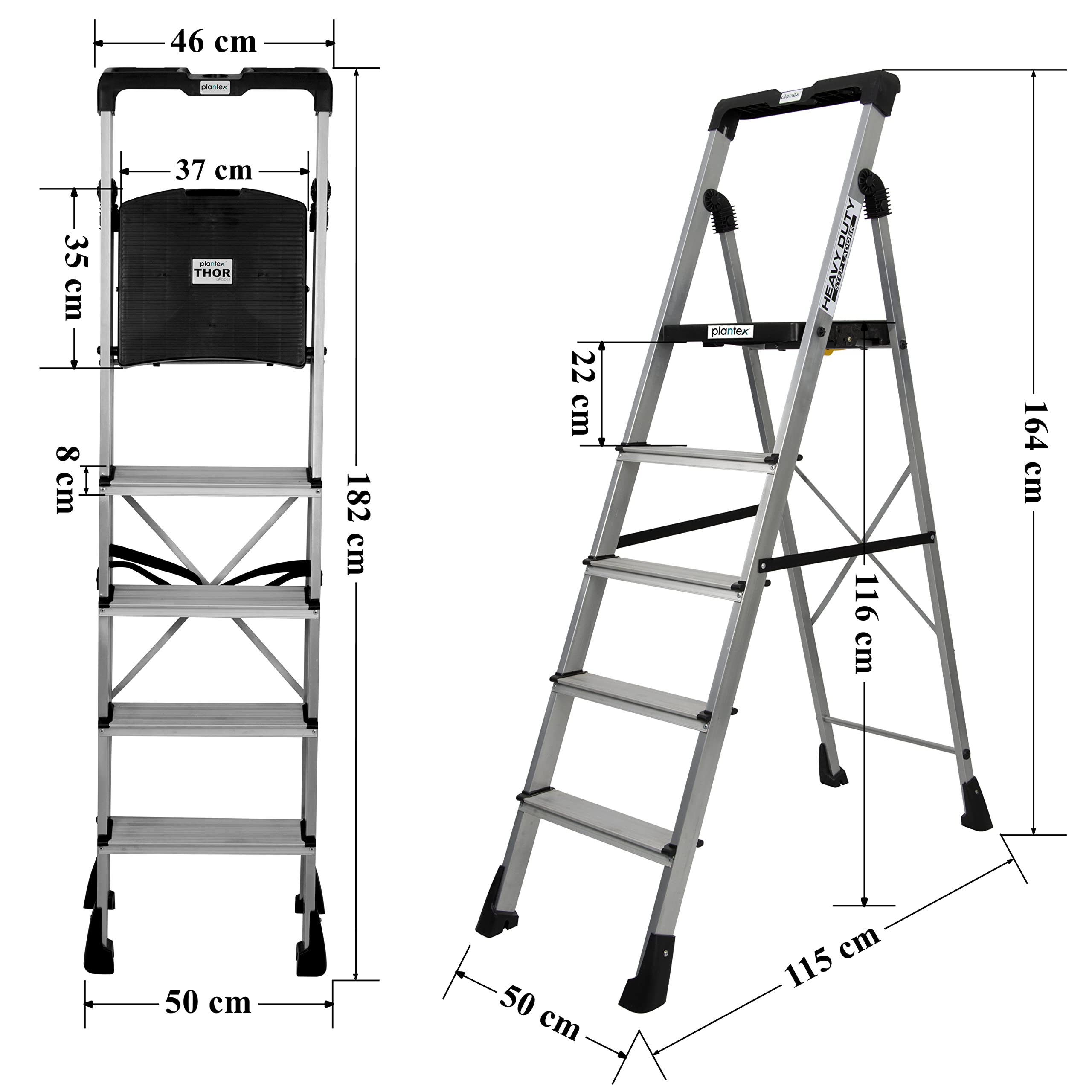 Plantex Thor Aluminium Step Folding Ladder 5 Step for Home with Advanced Locking System - Anti Slip 5 Step Ladder (Silver & Black)
