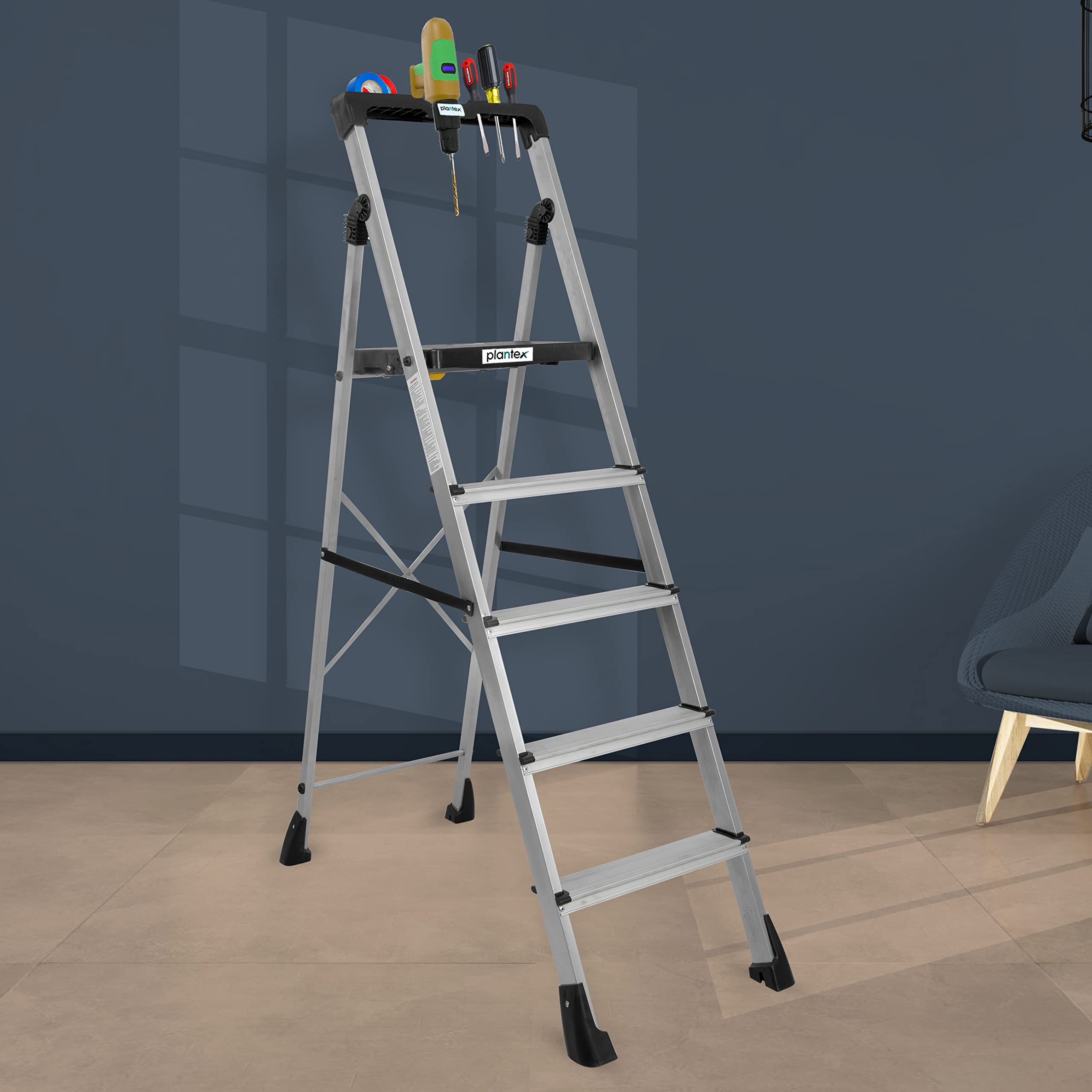 Plantex Thor Aluminium Step Folding Ladder 5 Step for Home with Advanced Locking System - Anti Slip 5 Step Ladder (Silver & Black)