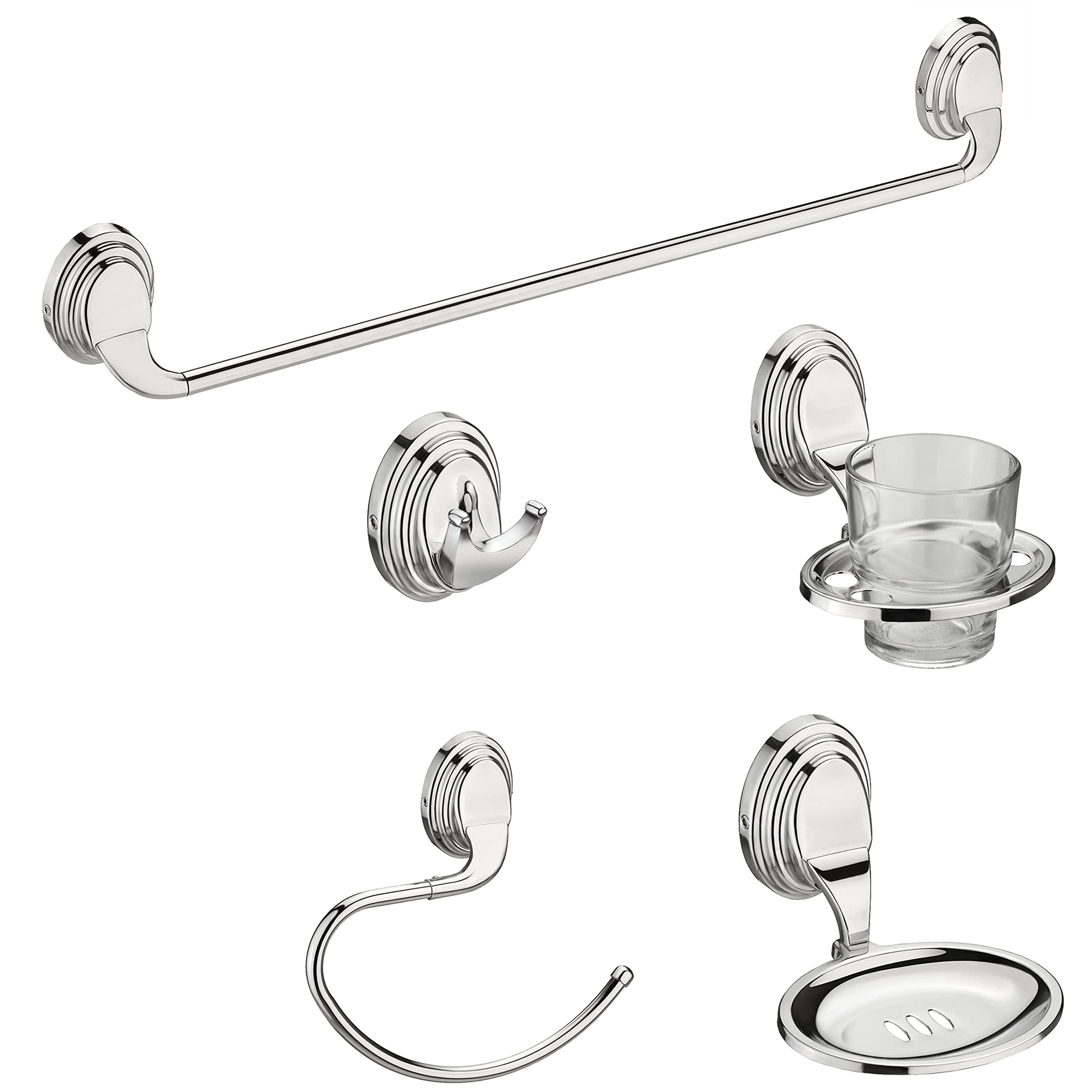 Plantex Stainless Steel 304 Grade Bathroom Accessories Set/Bathroom Hanger for Towel/Towel Bar/Napkin Ring/Tumbler Holder/Soap Dish/Robe Hook (Cubic - Pack of 5)