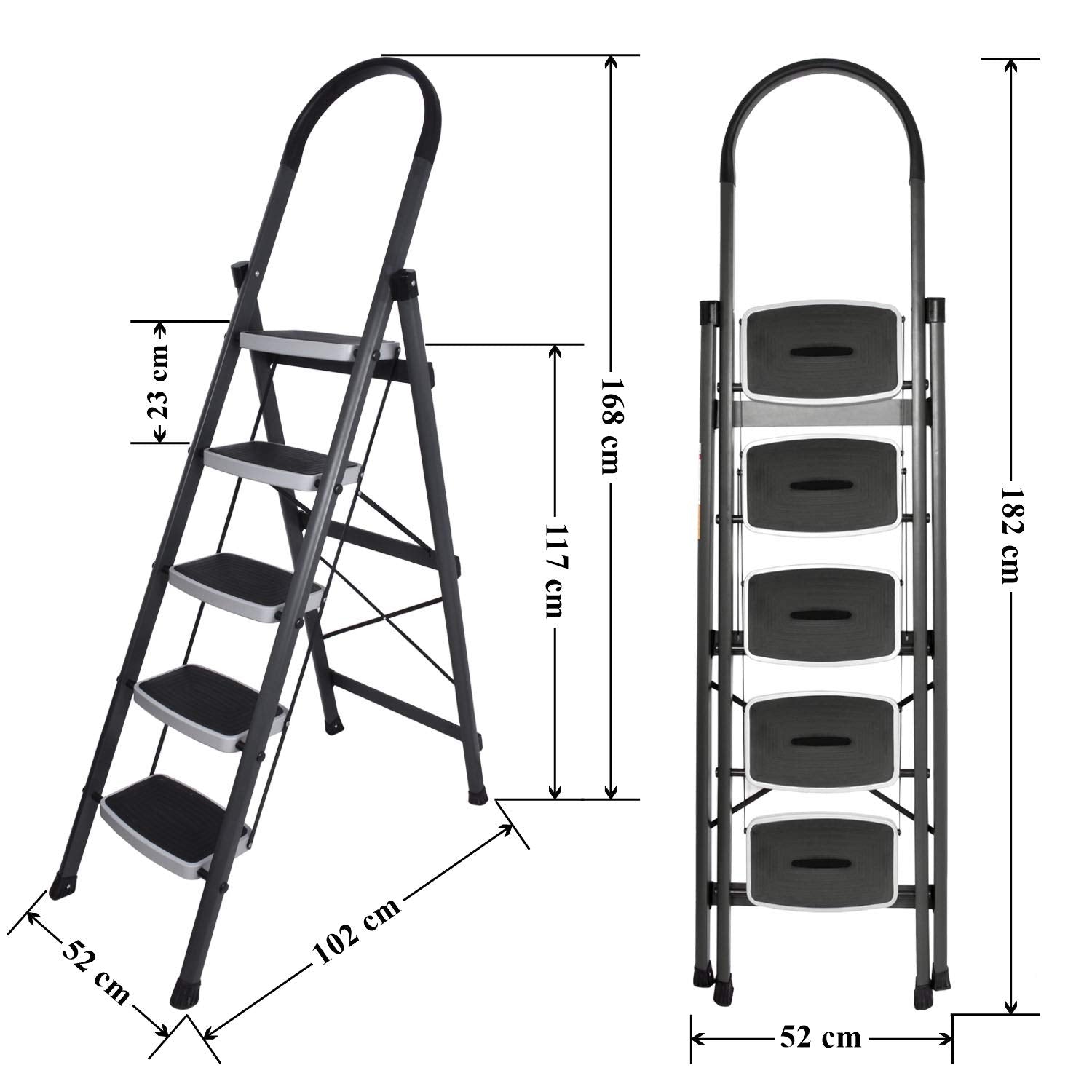 Plantex Ladder for Home-Foldable Steel 5 Step Ladder-Wide Anti Skid Steps (Gray & White)
