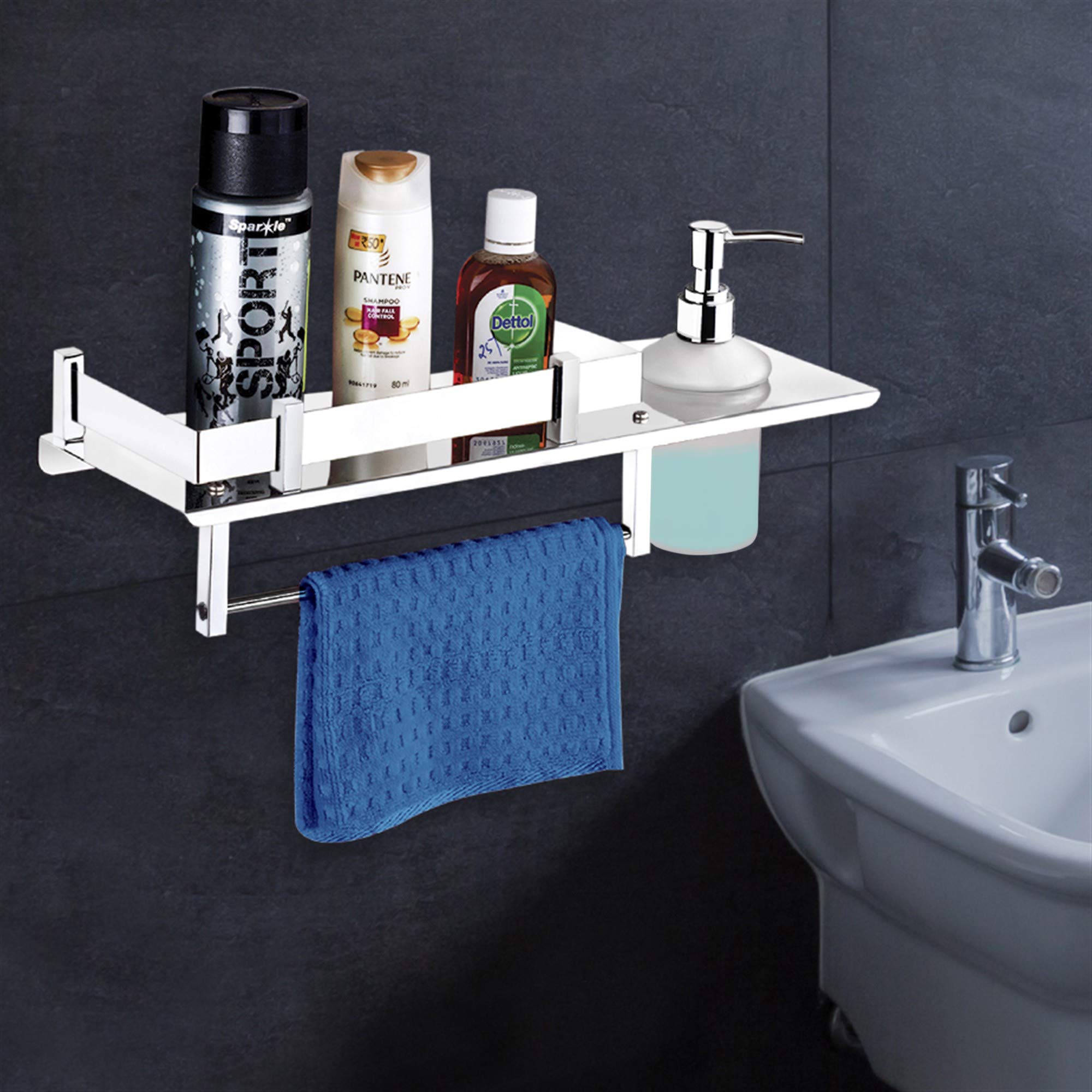 Plantex Stainless Steel 3in1 Multipurpose Bathroom Rack/Shelf with soap Dispenser and Towel Holder - Bathroom Accessories (15x6 Inches) , Silver , Set of 1