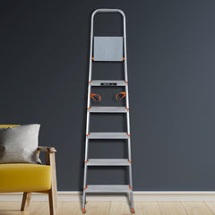 Plantex Premium 6 Step Ladder/Aluminium Ladder/ 6 Wide Step Ladder, Durable, Heavy Duty, Anti-Skid Aluminum Ladder(Orange-Silver)