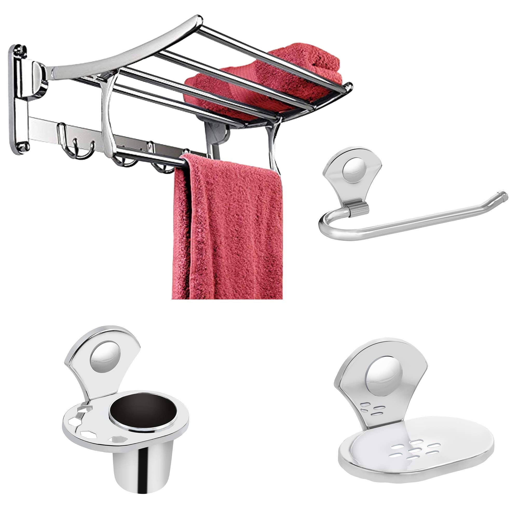 Plantex Stainless Steel Folding Towel Rack/Towel Stand/Hanger (1.5 Feet) Royal Bathroom Accessories Set/Napkin Ring/Tumbler Holder/Soap Dish