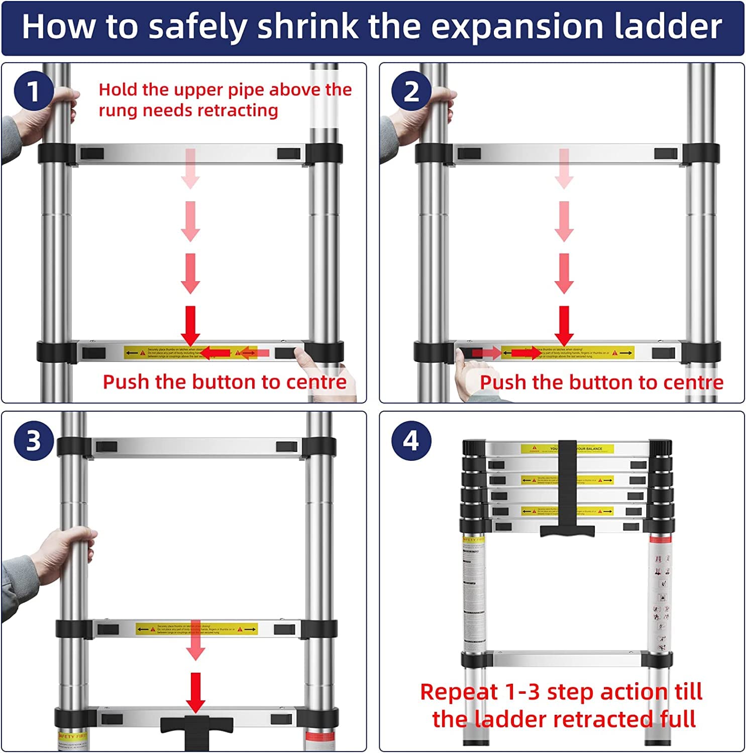 Plantex Ladder for Home (3.8 m/12.5 Feet) Stainless Steel Telescopic Ladder/Extendable Portable Steps and Compact Design (EN131 Certified)